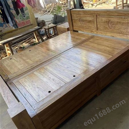 民宿卧式老榆木家具做旧实木箱体床 木质细腻 造型美观