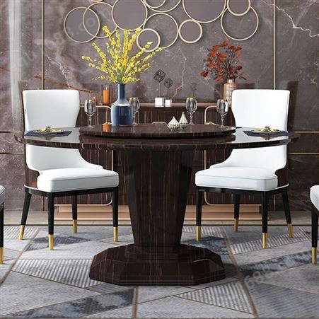 天一美家意式别墅样板房家具实木圆形餐厅餐桌椅组合带转盘饭桌