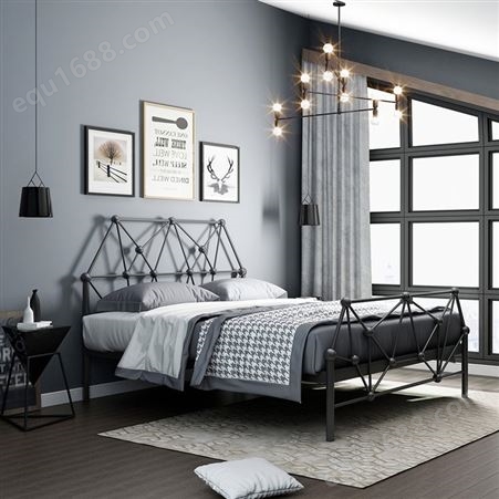 天一美家意式极简时尚卧室磨砂黑碳素钢1.8米架子床